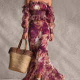Rosen-Pink Floral Off-Shoulder Chiffon Maxikleid