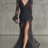 Dunkelgraues Spitzen-Raffiniertes Transparentes Langarm-Maxikleid mit Schlitz