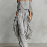 Graues schulterfreies, fließendes Camisole- und Hosen-Set aus Chiffon