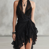 Schwarzes Neckholder-Spitzen-Rüschenshirt Mini-Kleid
