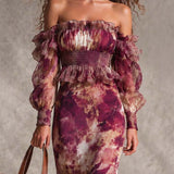 Rosen-Pink Floral Off-Shoulder Chiffon Maxikleid