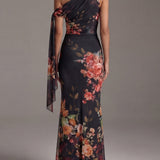 Schwarzes Maxikleid mit einseitigem Träger und bedrucktem Chiffon