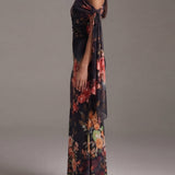 Schwarzes Maxikleid mit einseitigem Träger und bedrucktem Chiffon