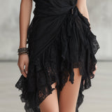 Schwarzes Neckholder-Spitzen-Rüschenshirt Mini-Kleid
