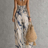 Halter Neck Tinten-Waschdruck Weit Bein Jumpsuit Mit Taschen