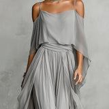 Graues schulterfreies, fließendes Camisole- und Hosen-Set aus Chiffon