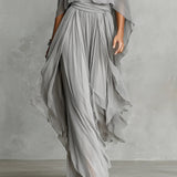 Graues schulterfreies, fließendes Camisole- und Hosen-Set aus Chiffon