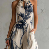 Halter Neck Tinten-Waschdruck Weit Bein Jumpsuit Mit Taschen