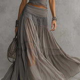 Ute™ | Elegantes Boho-Set mit Spitzen-Oberteil und Faltenrock in Grau