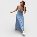 Lux - Robe sans bretelles en denim bleu