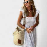 Robe maxi à carreaux avec manches à volants