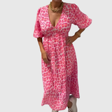 Christiane | Maxikleid mit Federmotiv-Print und V-Ausschnitt
