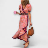 Robe Maxi Élégante Rose à Manches Courtes