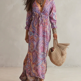 Paisley-Print V-Ausschnitt Gathered Chiffon Maxikleid