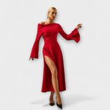 Willa - Robe midi décolletée avec manches ballons froncées
