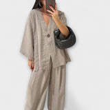 Jacqueline - Duo Haut à Col V Décontracté et Pantalon