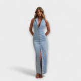 Lacey - Robe Maxi en Denim Lavage Moyen