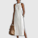 Jimena | Robe Midi en Coton-Lin avec Col Mandarin