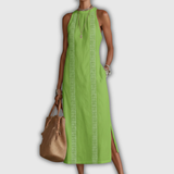 Jimena | Robe Midi en Coton-Lin avec Col Mandarin