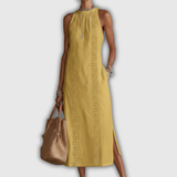 Jimena | Robe Midi en Coton-Lin avec Col Mandarin