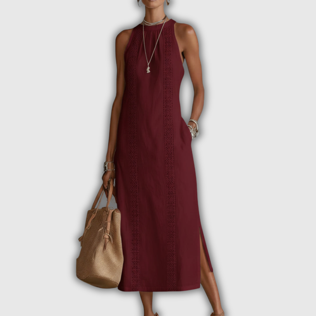 Jimena | Robe Midi en Coton-Lin avec Col Mandarin