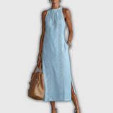Jimena | Robe Midi en Coton-Lin avec Col Mandarin
