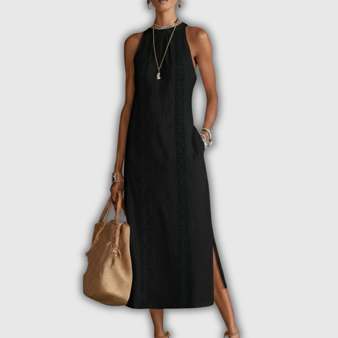 Jimena | Robe Midi en Coton-Lin avec Col Mandarin