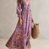 Paisley-Print V-Ausschnitt Gathered Chiffon Maxikleid