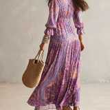 Paisley-Print V-Ausschnitt Gathered Chiffon Maxikleid