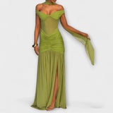 Nicole - Robe maxi à décolleté en V couleur olive