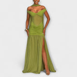 Nicole - Robe maxi à décolleté en V couleur olive