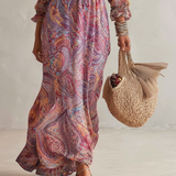 Paisley-Print V-Ausschnitt Gathered Chiffon Maxikleid