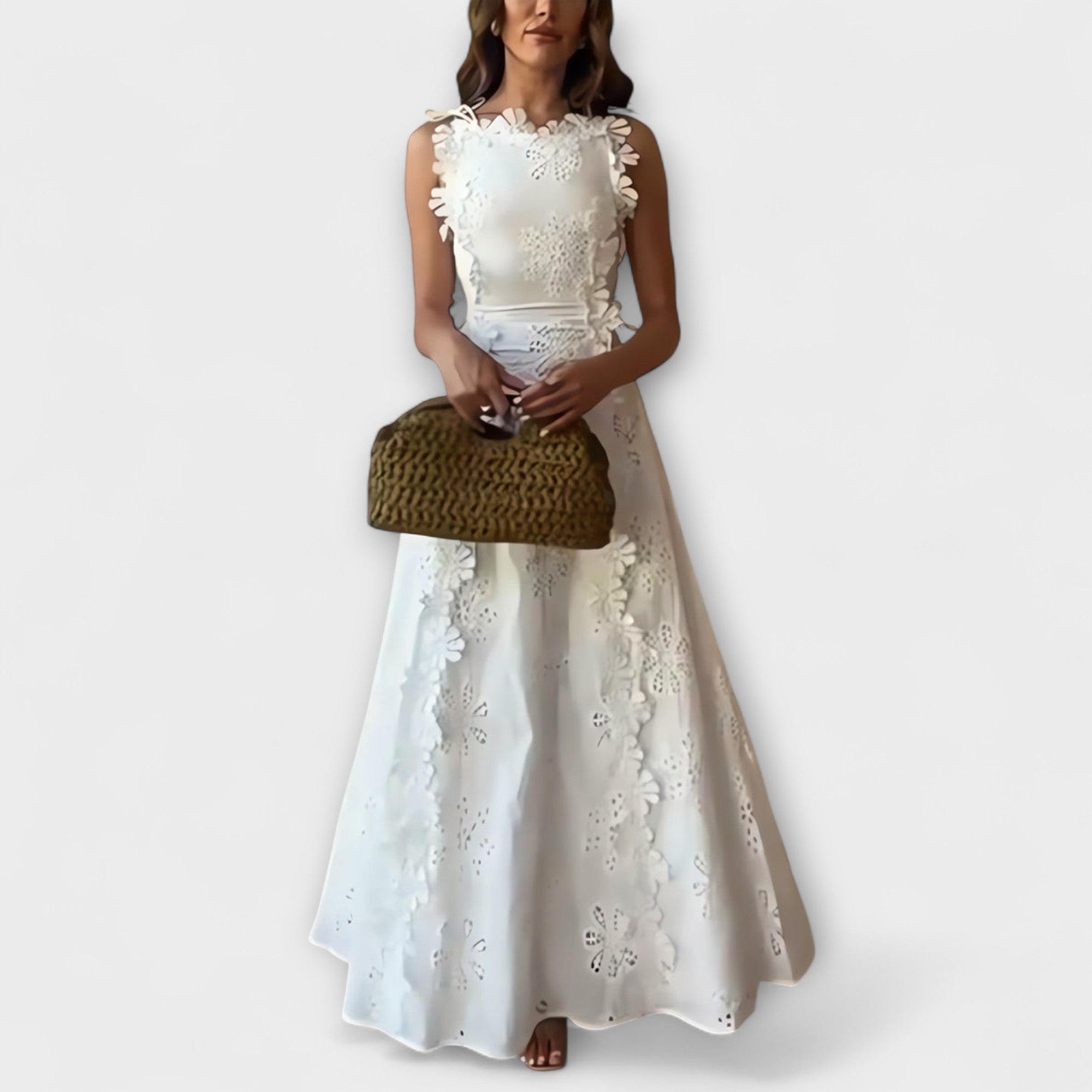 Éliora – Robe maxi avec motif floral en dentelle et ceintures à nouer