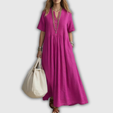 Elowen | Robe Maxi en Lin à Col V Plissé