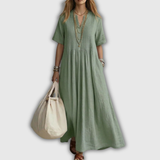 Elowen | Robe Maxi en Lin à Col V Plissé