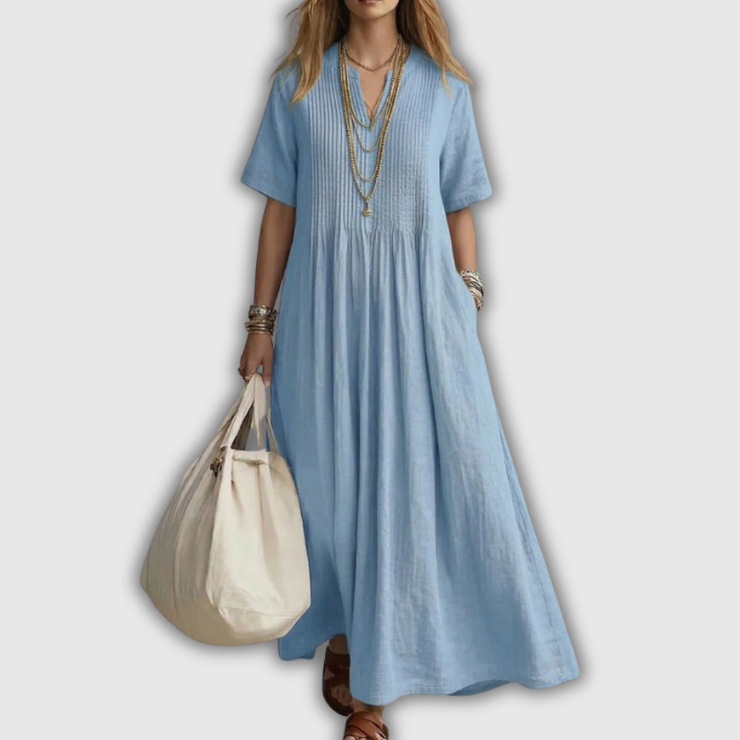 Elowen | Robe Maxi en Lin à Col V Plissé