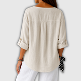 Nicole - Blouse en lin à col en V et gros bouton bois
