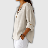 Nicole - Blouse en lin à col en V et gros bouton bois