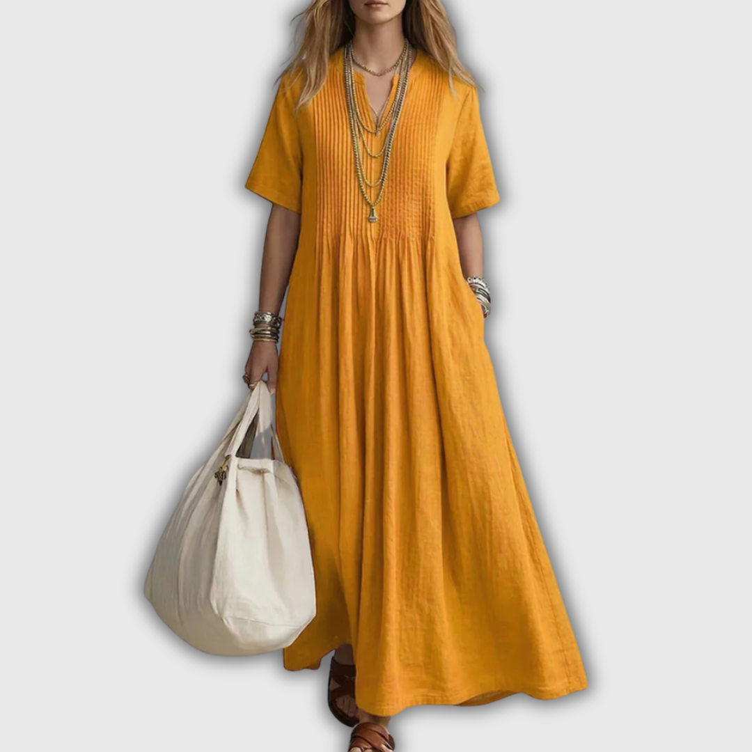 Elowen | Robe Maxi en Lin à Col V Plissé