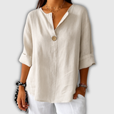Nicole - Blouse en lin à col en V et gros bouton bois