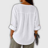 Nicole - Blouse en lin à col en V et gros bouton bois