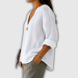 Nicole - Blouse en lin à col en V et gros bouton bois