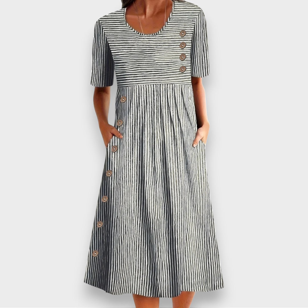 Cecily | Robe Midi Rayée avec Détails Bouton et Poches