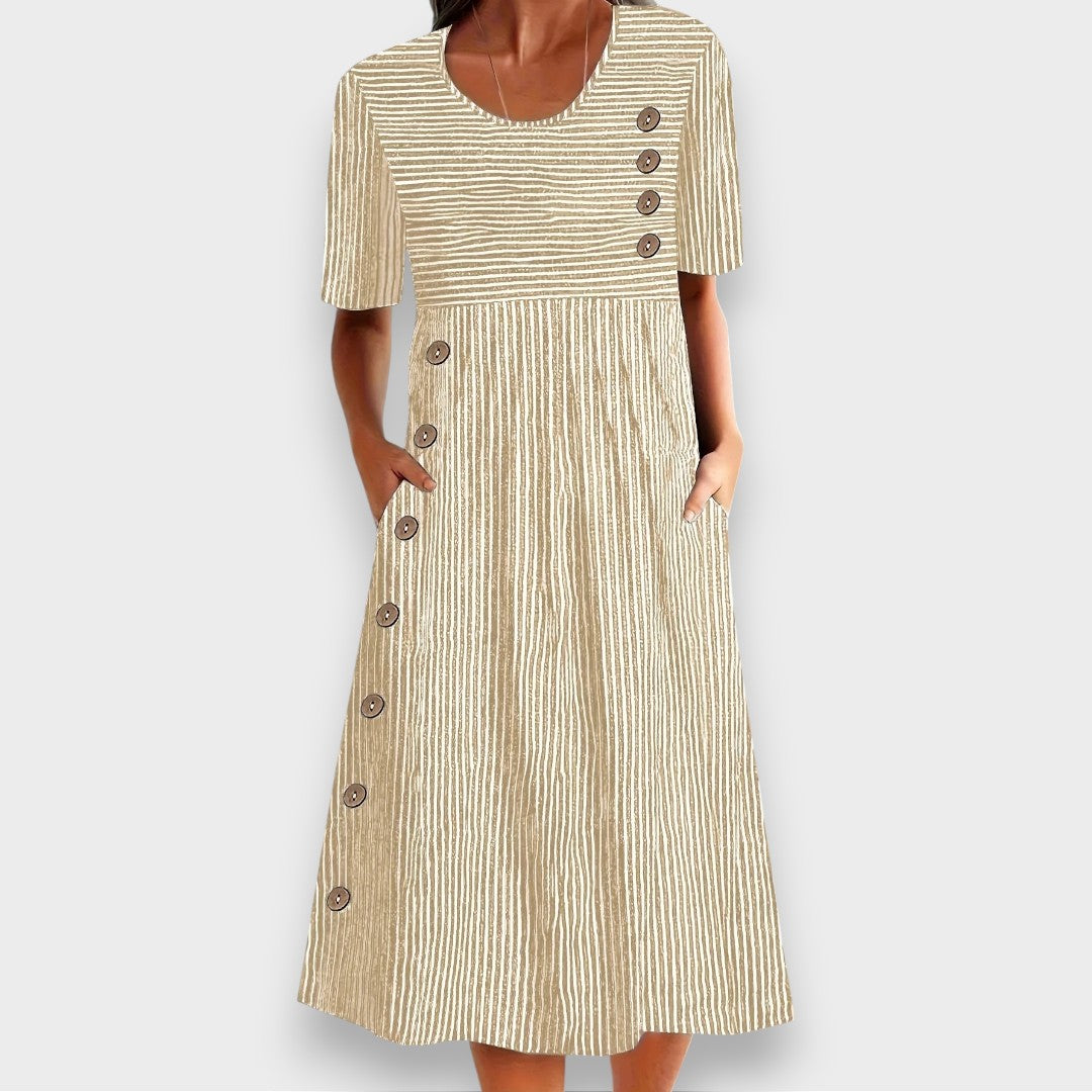 Cecily | Robe Midi Rayée avec Détails Bouton et Poches