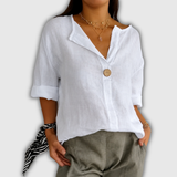 Nicole - Blouse en lin à col en V et gros bouton bois
