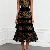 Schwarzes Mesh Floral Ärmelloses A-Linien Midi Kleid