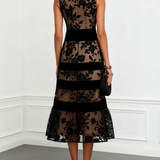 Schwarzes Mesh Floral Ärmelloses A-Linien Midi Kleid