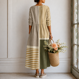 Clémence™ | Robe longue à blocs aquarellés et rayures dorées contrastées