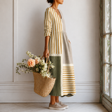 Clémence™ | Robe longue à blocs aquarellés et rayures dorées contrastées