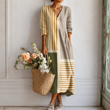 Clémence™ | Robe longue à blocs aquarellés et rayures dorées contrastées